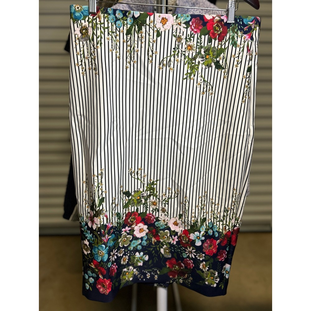Beige by ECI Skirt Women Large White Floral Striped Pencil Midi Stretch Casual